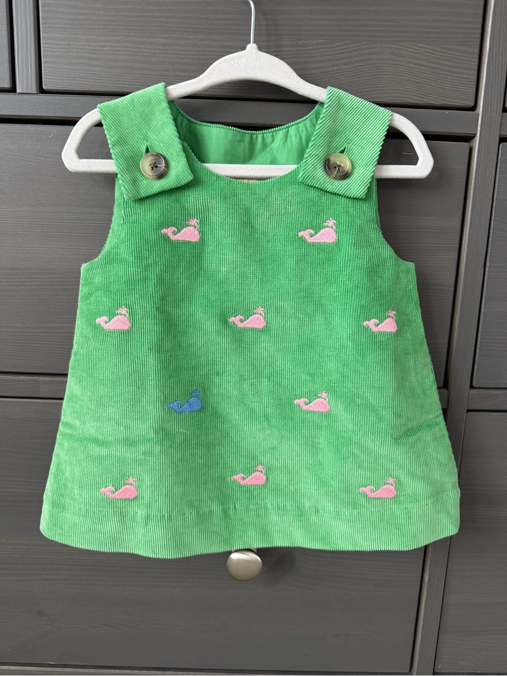 The Beaufort Bonnet Company Green Corduroy Whale-Embroidered Pinafore